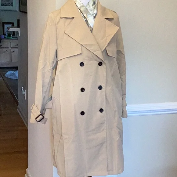 New knee length trench coat,size large double breasted buckle straps sleevesNWOT - Picture 6 of 9